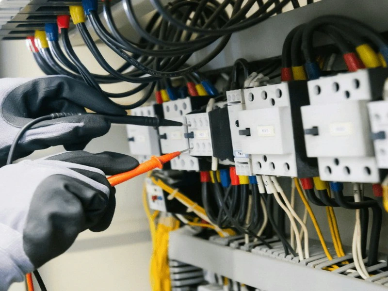 Person in gloves working on circuit breaker