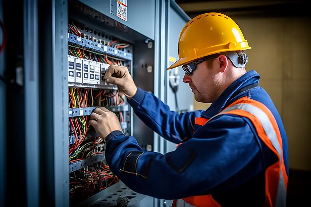 Man in yellow hard hat working on electrical panel